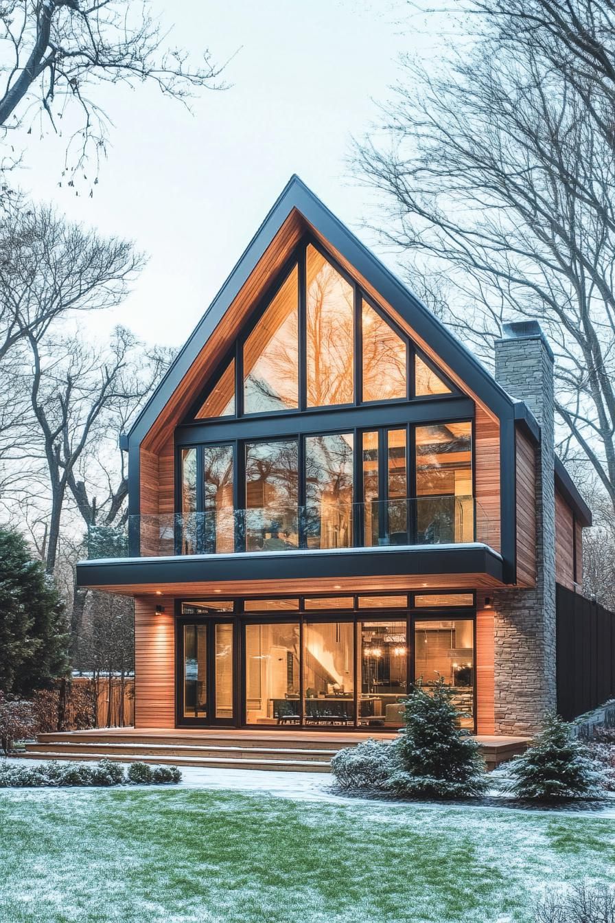 modern house with natural cedar shiplap exterior and full wall windows classic gable roof winter trees 2