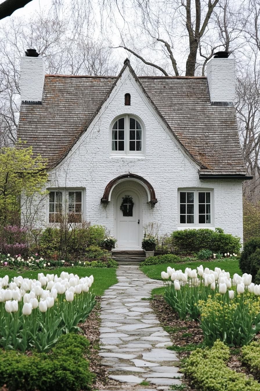 English cottage house white brick facade with white window tims cedar shingle roof arched front door small front yard with shrubs white tulips and stone pathway 3