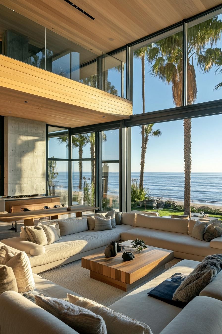 interior of a modern beach glass house. Spacious living area with floor to ceiling glass walls offering unobstructed views of the ocean. Clean 3