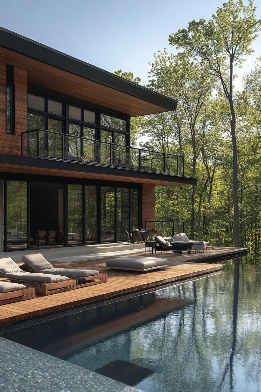 modern house with deck pool with submerged seating overlooking lake and trees in the background 2