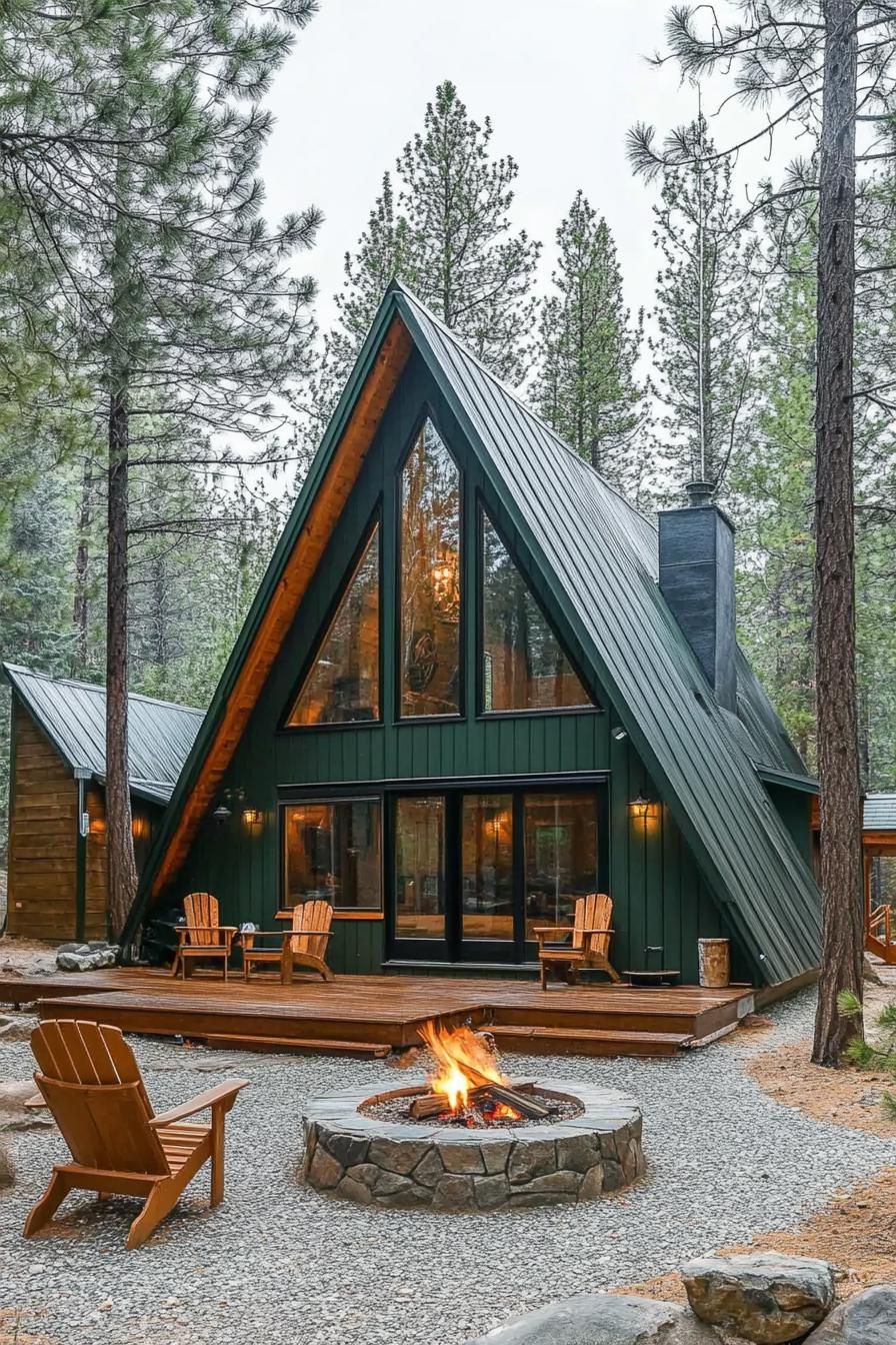large a frame forest cabin in forest green siding metal roof dark stained wood trim large windows small wooden deck fine gravel yard with a 3