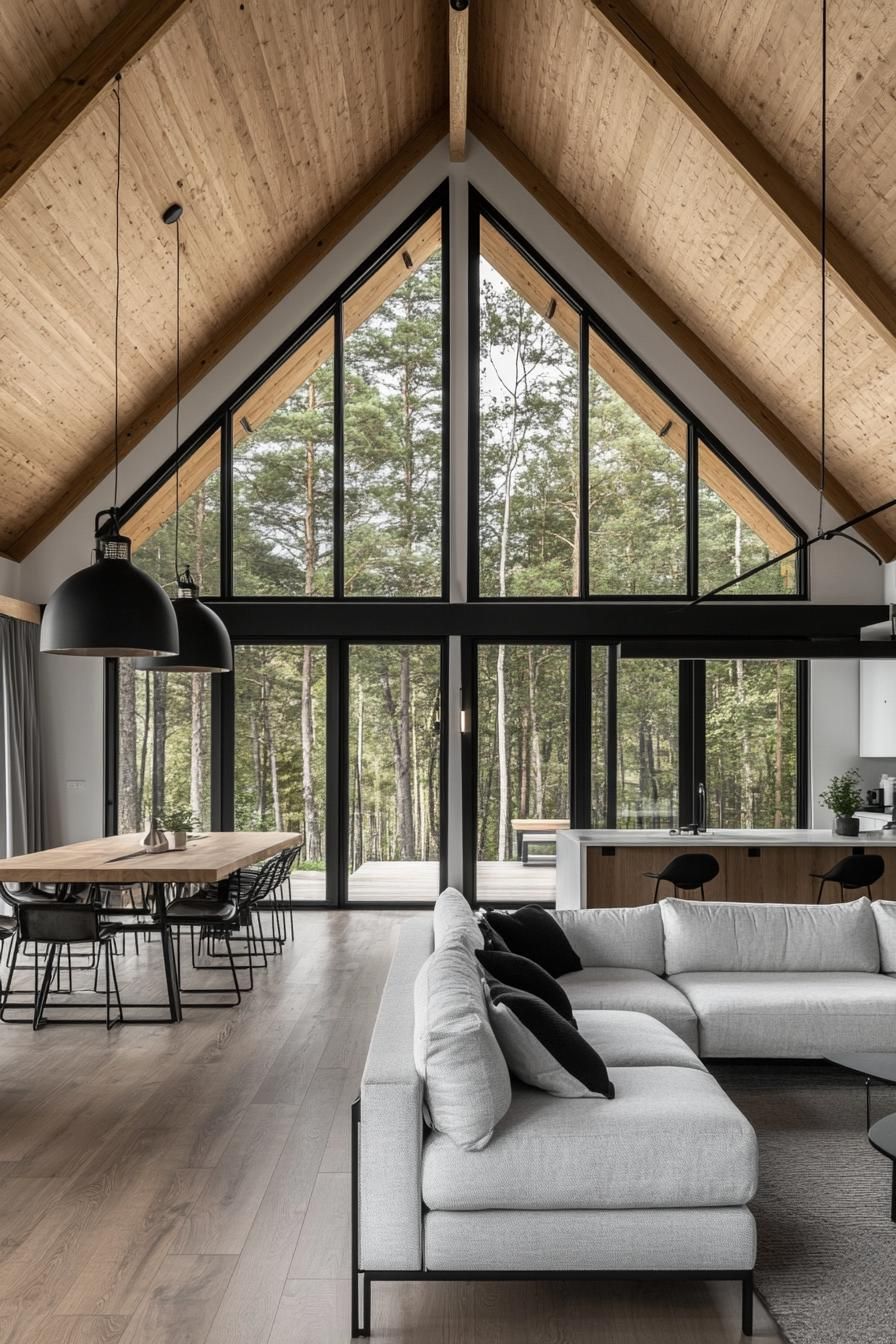 modern a frame forest home open plan interior living room with kitchen white ceiling natural wood planked wall with large windows wooden beams 2