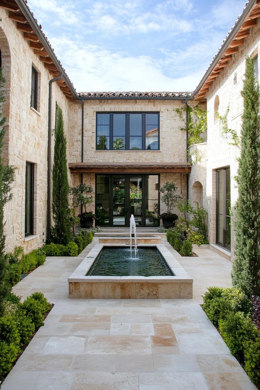 modern Italian mediterranean house inner courtyard stone paved with trees and fountain 2
