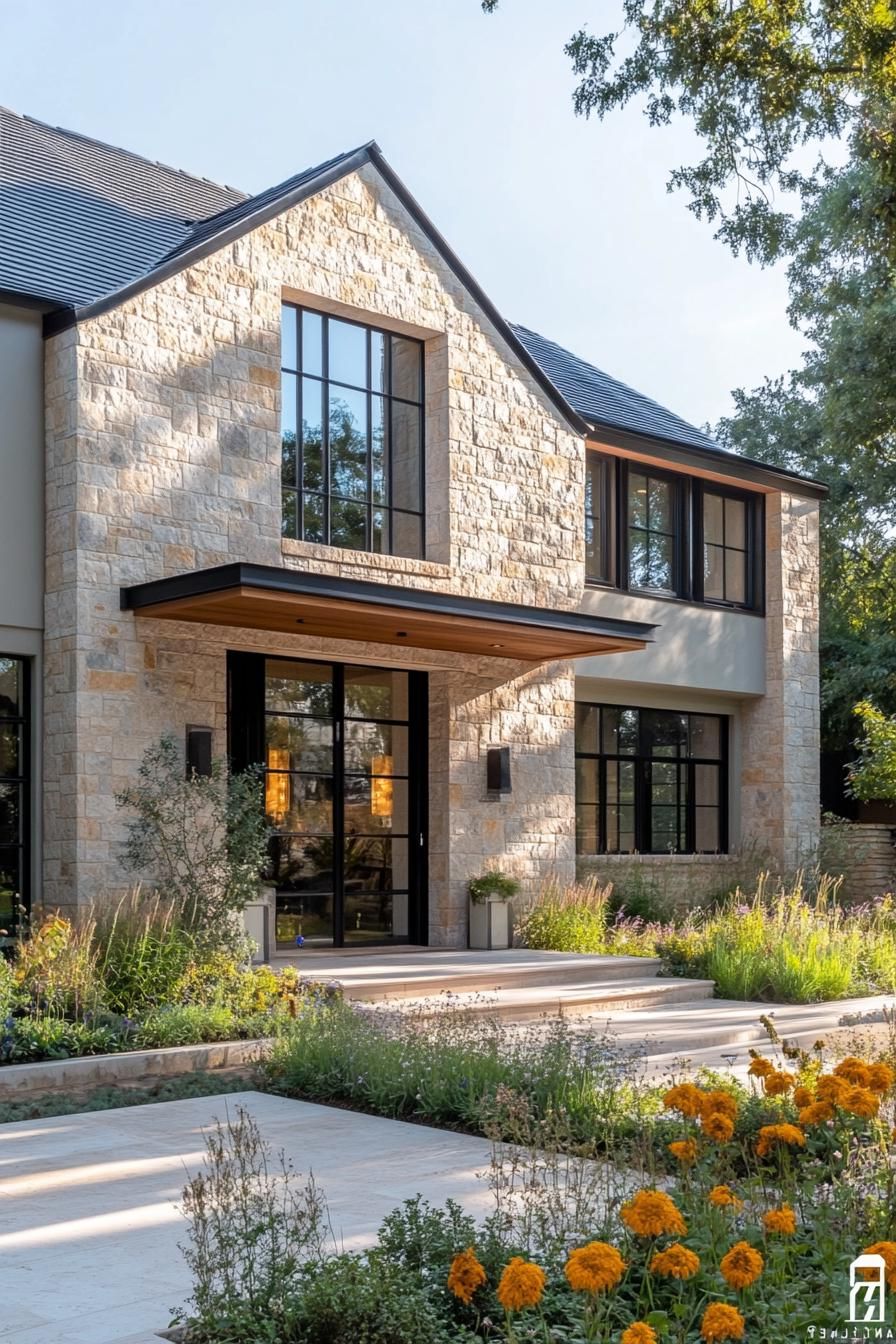 modern French country house facade earthy colors with modern art color accents 2