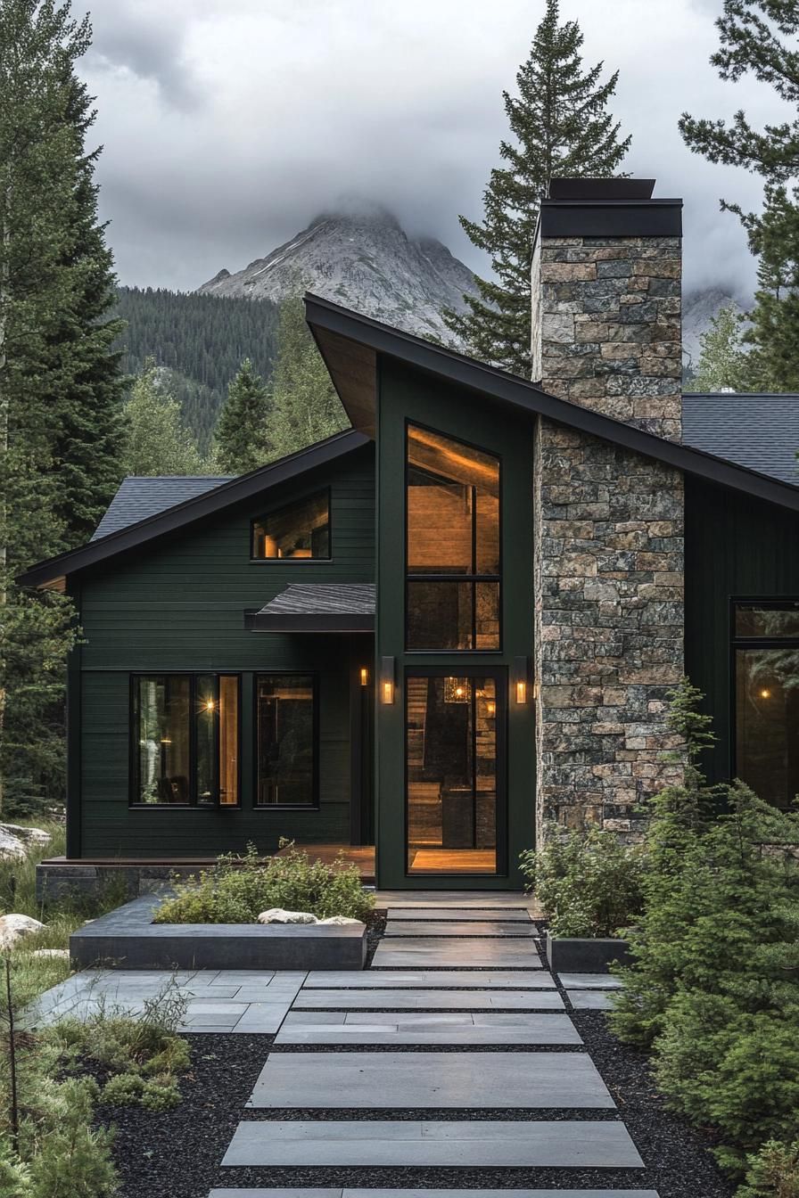 modern mountain cabin with dark stone foundation and chimney deep dark green siding sloped dark roof dark mulch yard with geometric paver pathway