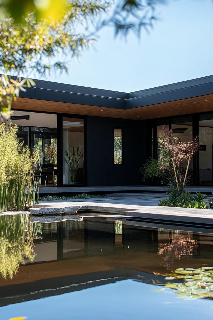 modern minimalist matte black low profile house facade with expansive roof overhangs front yart with zen pond and bamboo plants