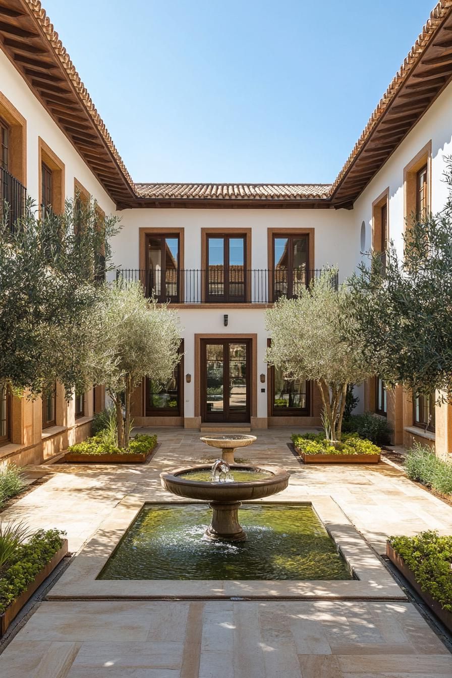 spanish villa courtyard with central fountain and olive trees 2