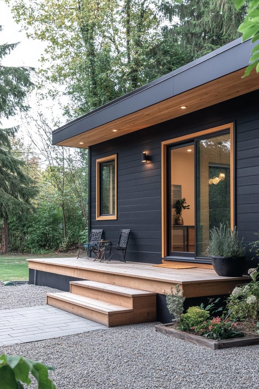 modern prefab small house facade with charcoal black shiplap siding cedar accents saltbox roof gravel patio steps to the frontdoor with gambrel
