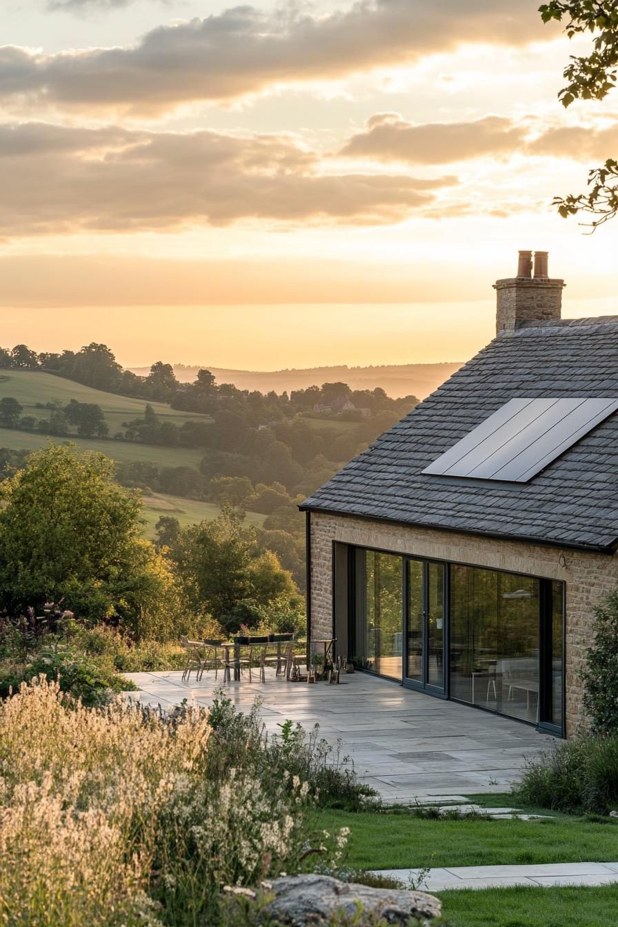 modern English cottage facade with solar roof panels stunning hilly Engish countryside landscape