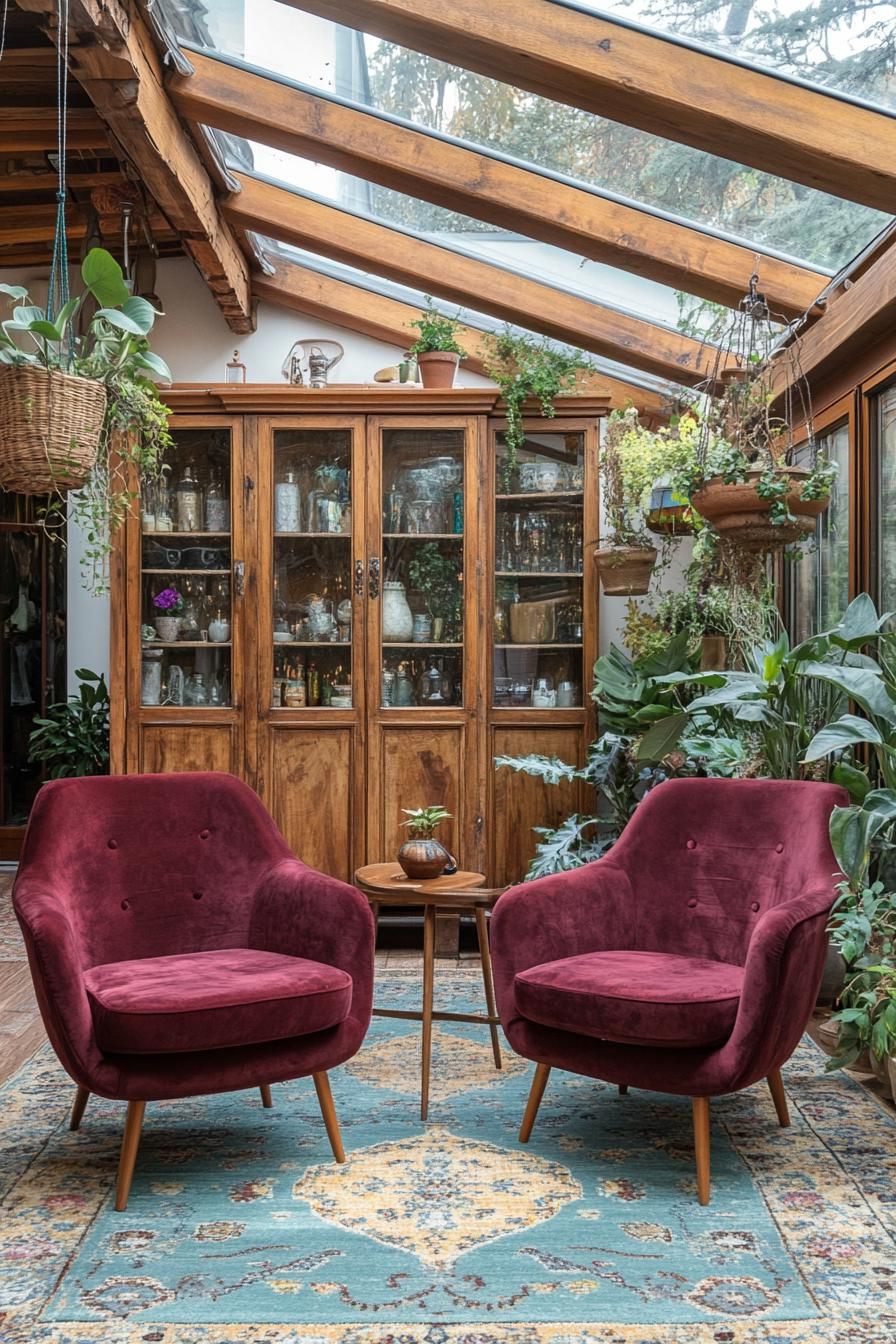 A sitting room with a modern glass roof and warm wooden beams allowing ample natural light to pour in. The ceiling features wooden accents which
