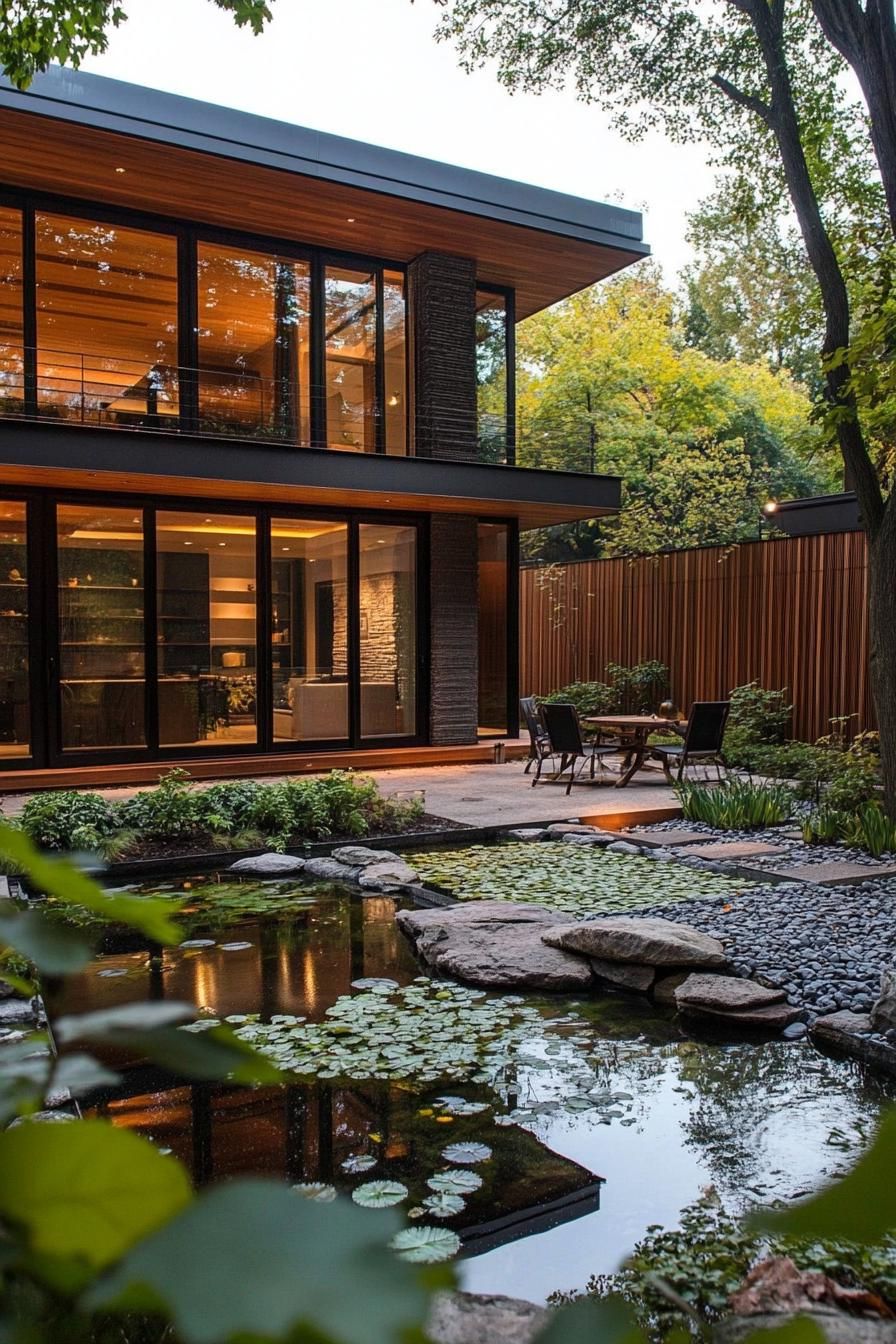modern steal and wood facade dream house courtyard lush garden with a pond 2
