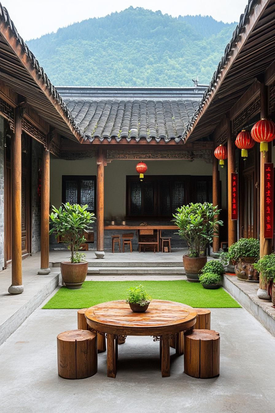 chinese house inner courtyard with concrete decks and a patch of ground in the middle with grass potted plants around the deck columns with red