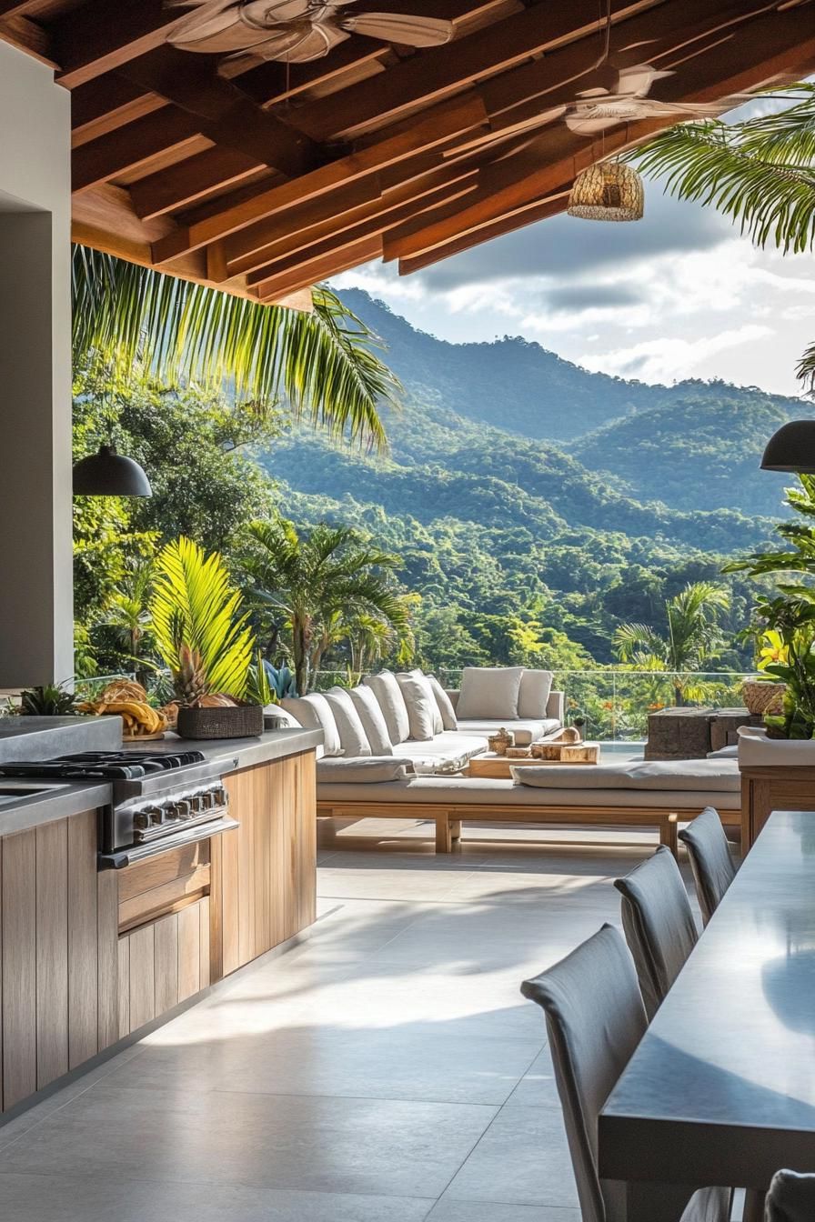 modern villa outdoor kitchen with lounge stunning tropical mountain views