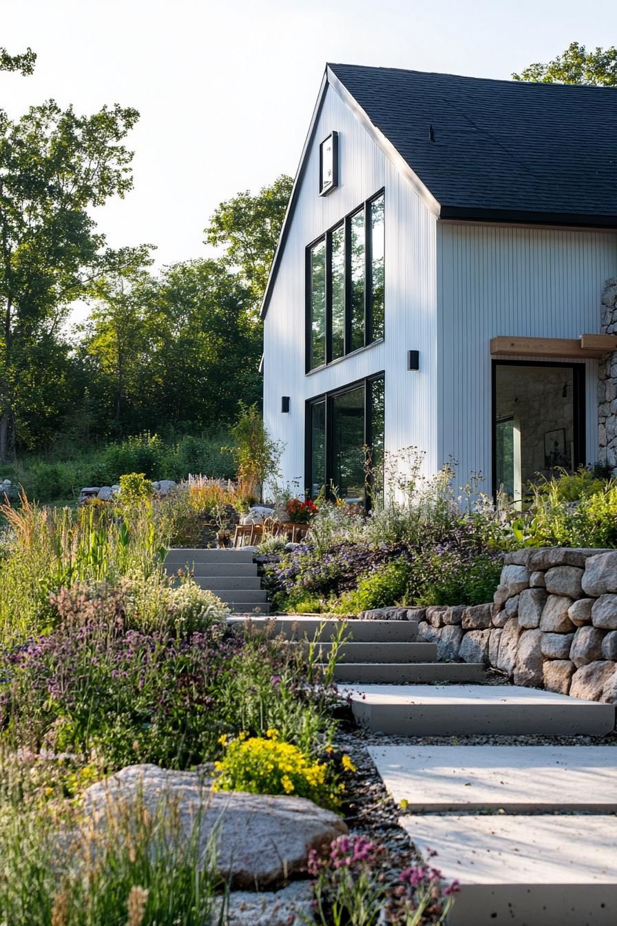 modern farmhouse with permaculture landscape