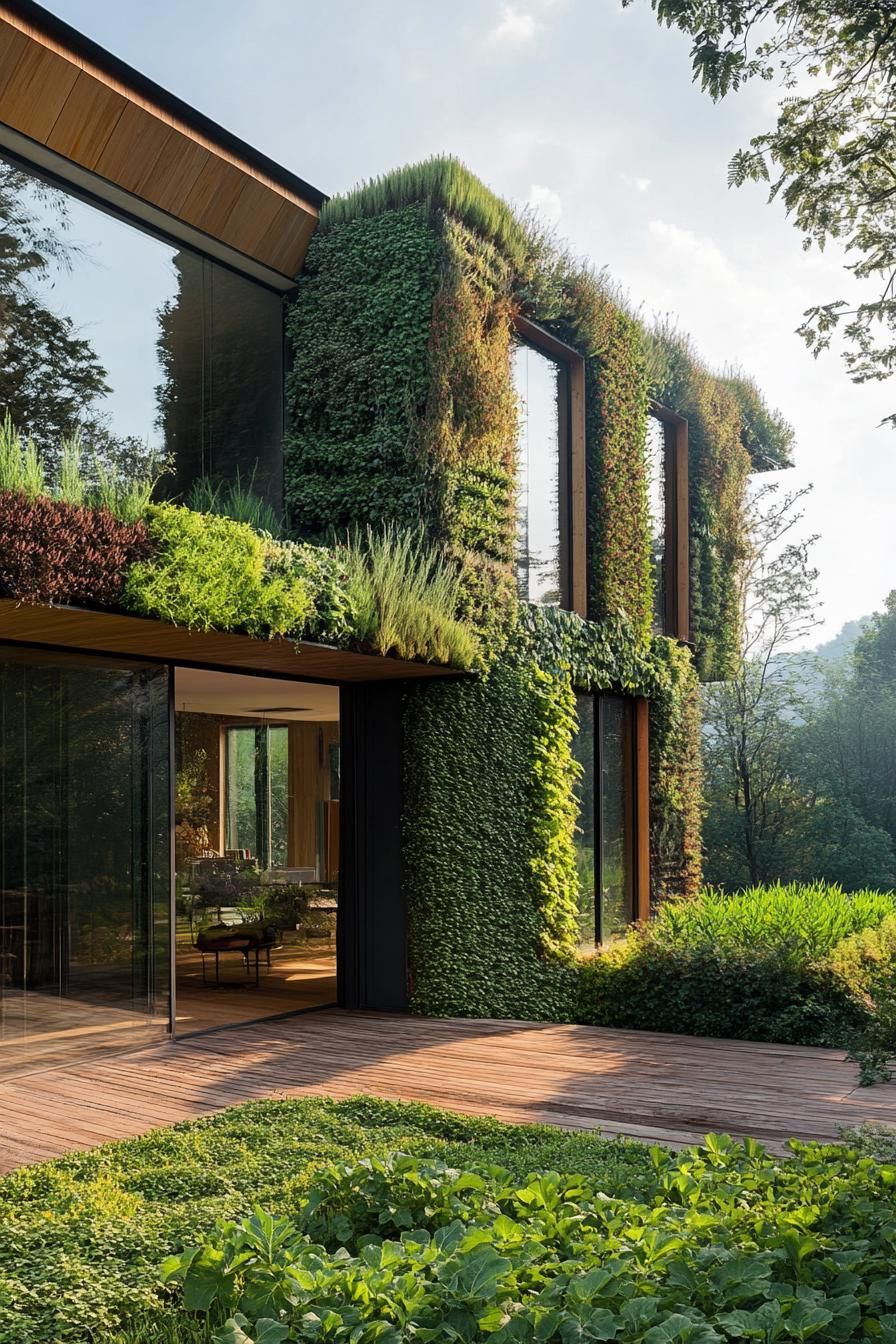 modern house with green living walls on a farm with veggie gardens