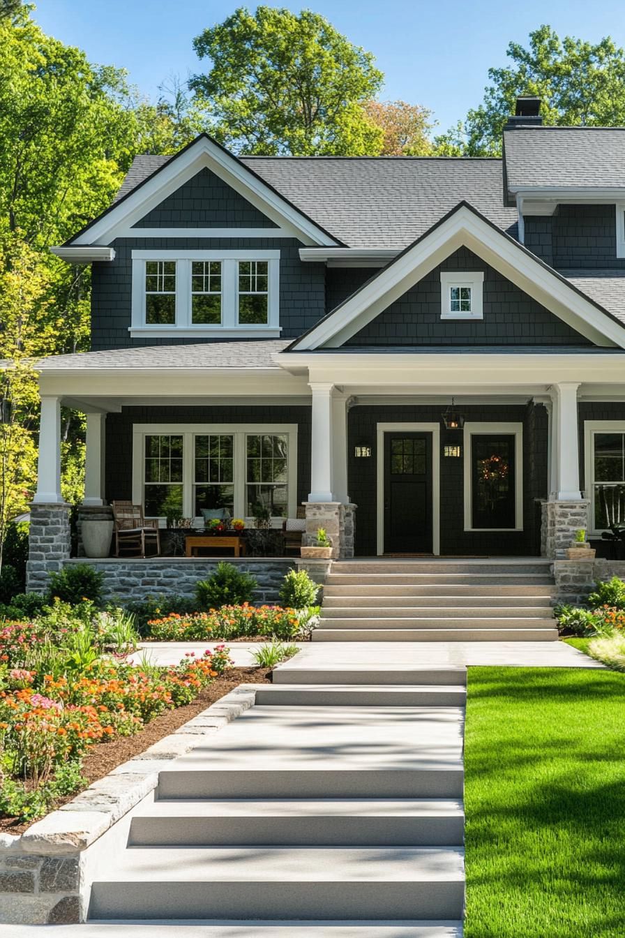 modern craftsman style house with grey siding double pitch roof with white trim porch with columns and stone foundations entrance steps fresh