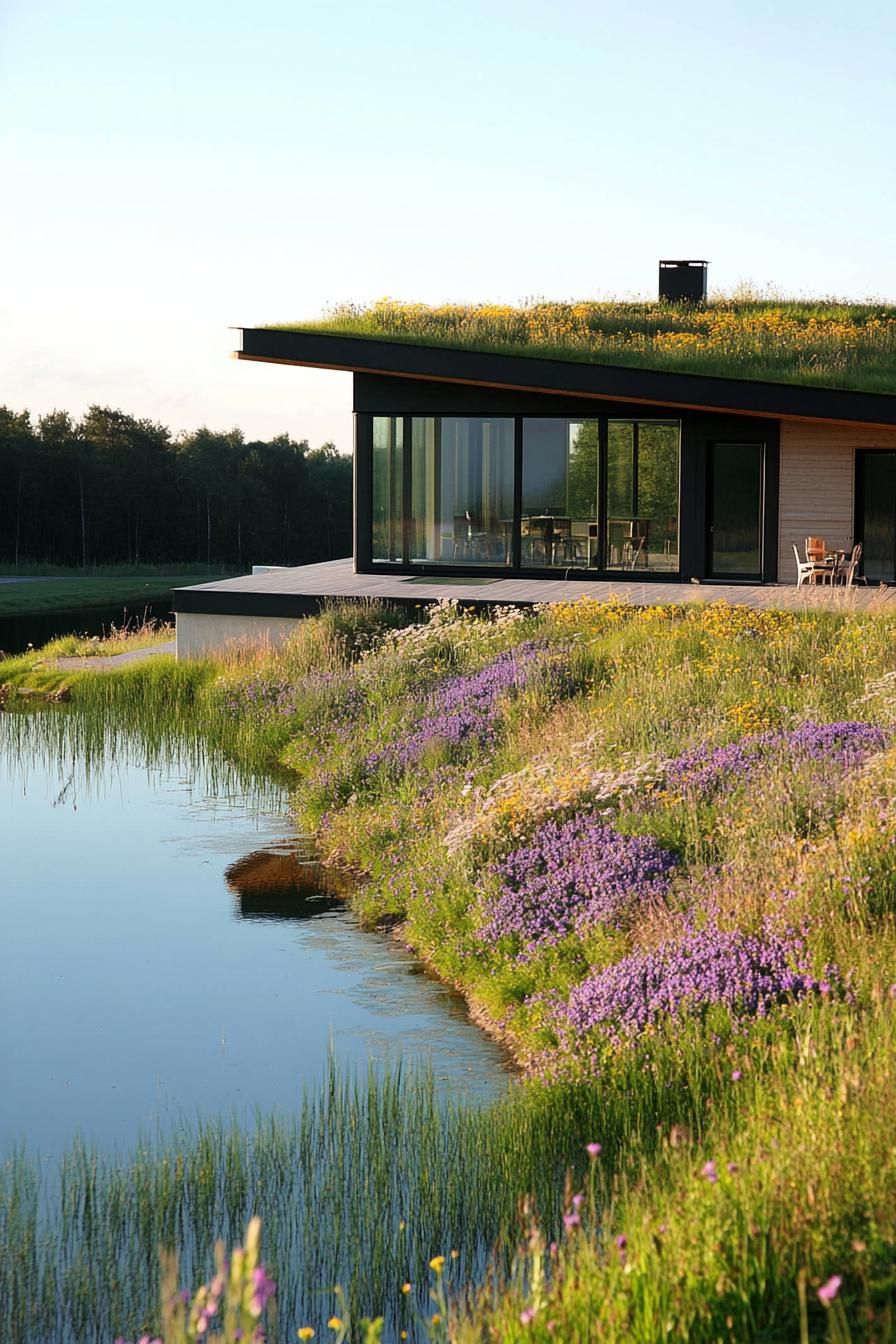 modern house with green roof with wildflowers on a hill overlooking a green lake 3