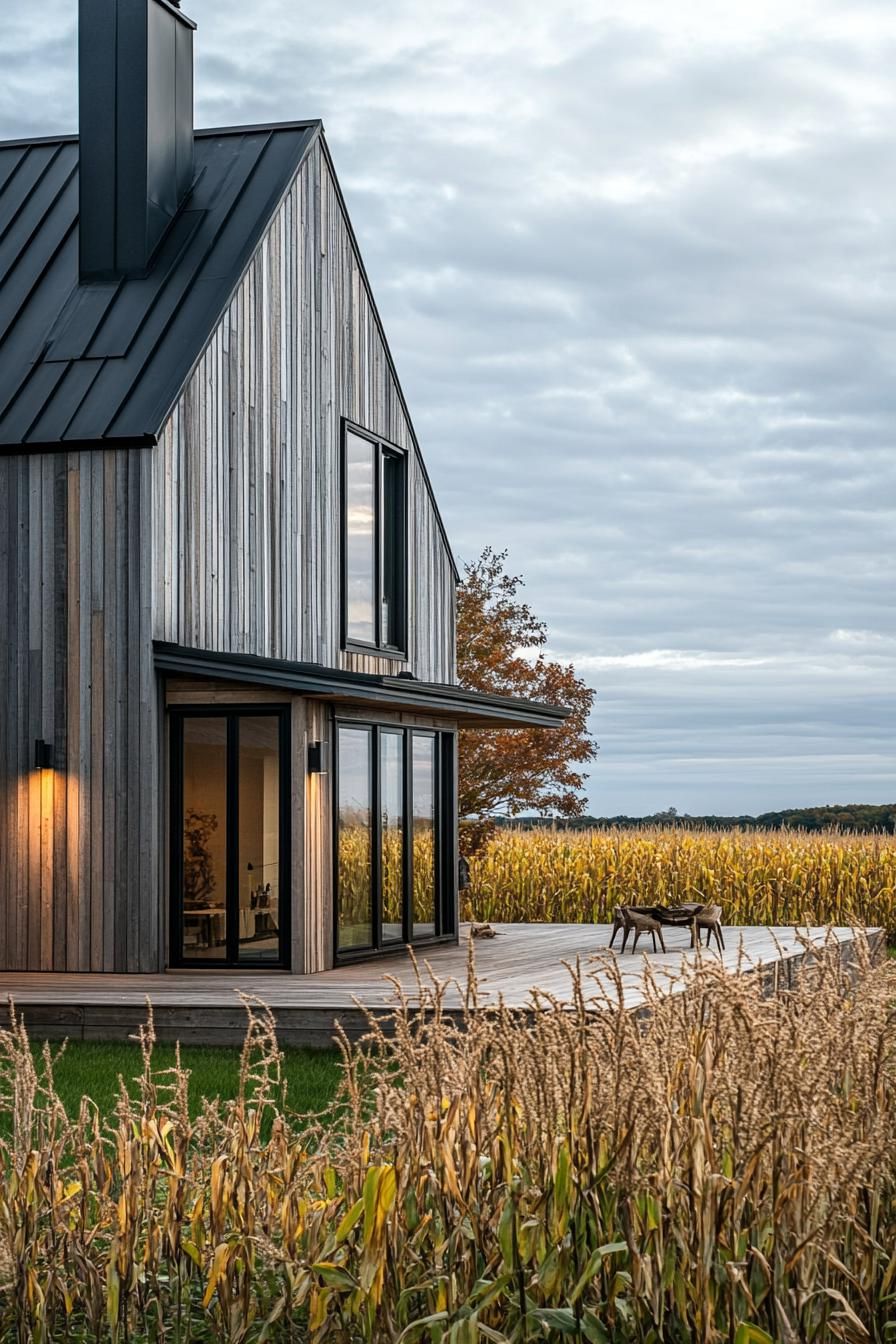 modern farmhouse with reclaimed wood siding farmland with corn fields 3