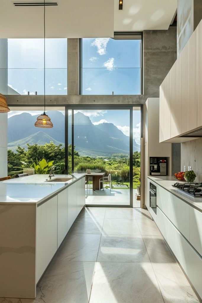 modern kitchen with outdoor dining area in the terrace