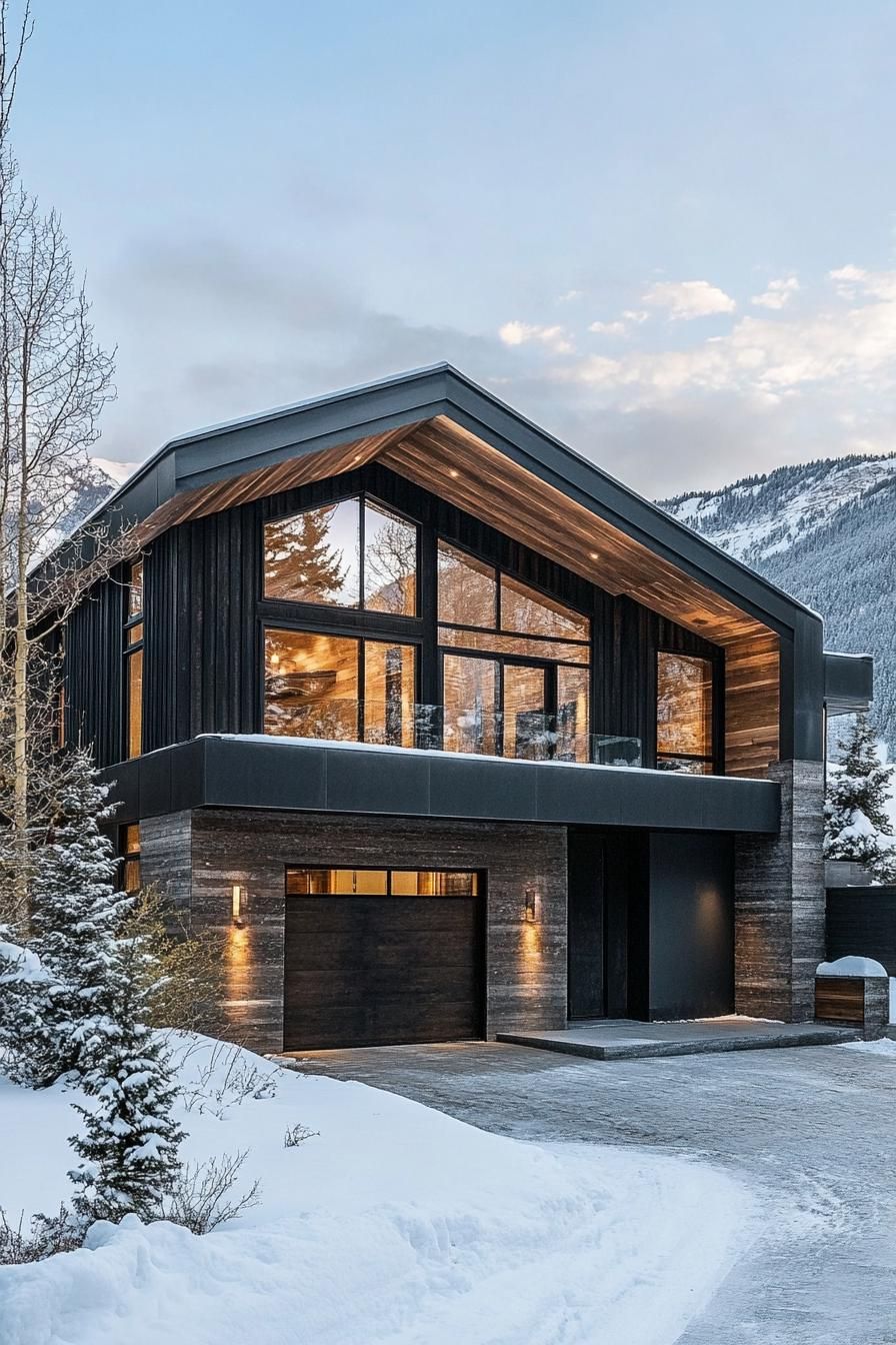 modern house with natural cedar shiplap exterior in charred wood finish winter mountains 3