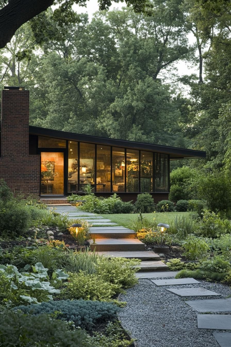 mid century modern 1950s style house farmhouse landscaping with native plants 2