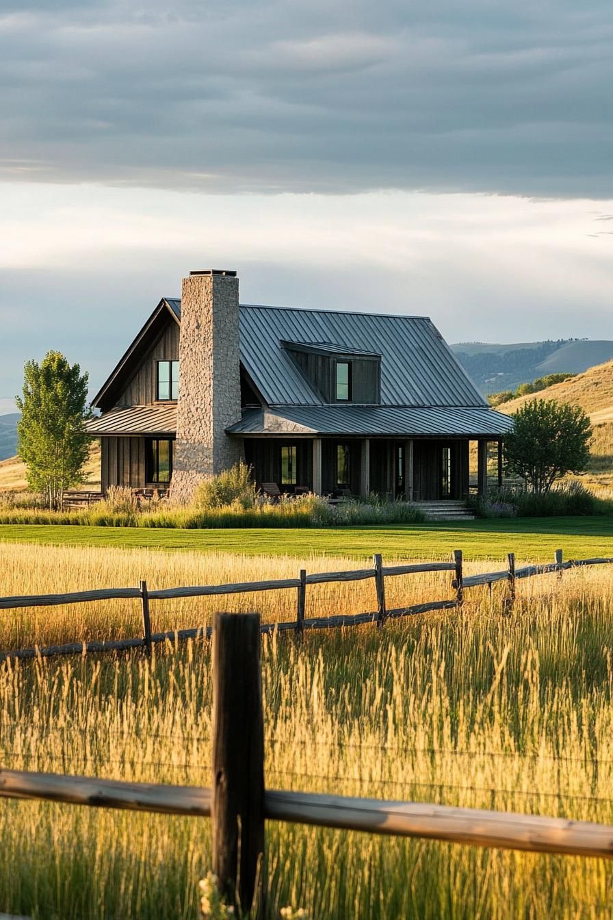 barn roof modern house in farm fields with ranch fence 1