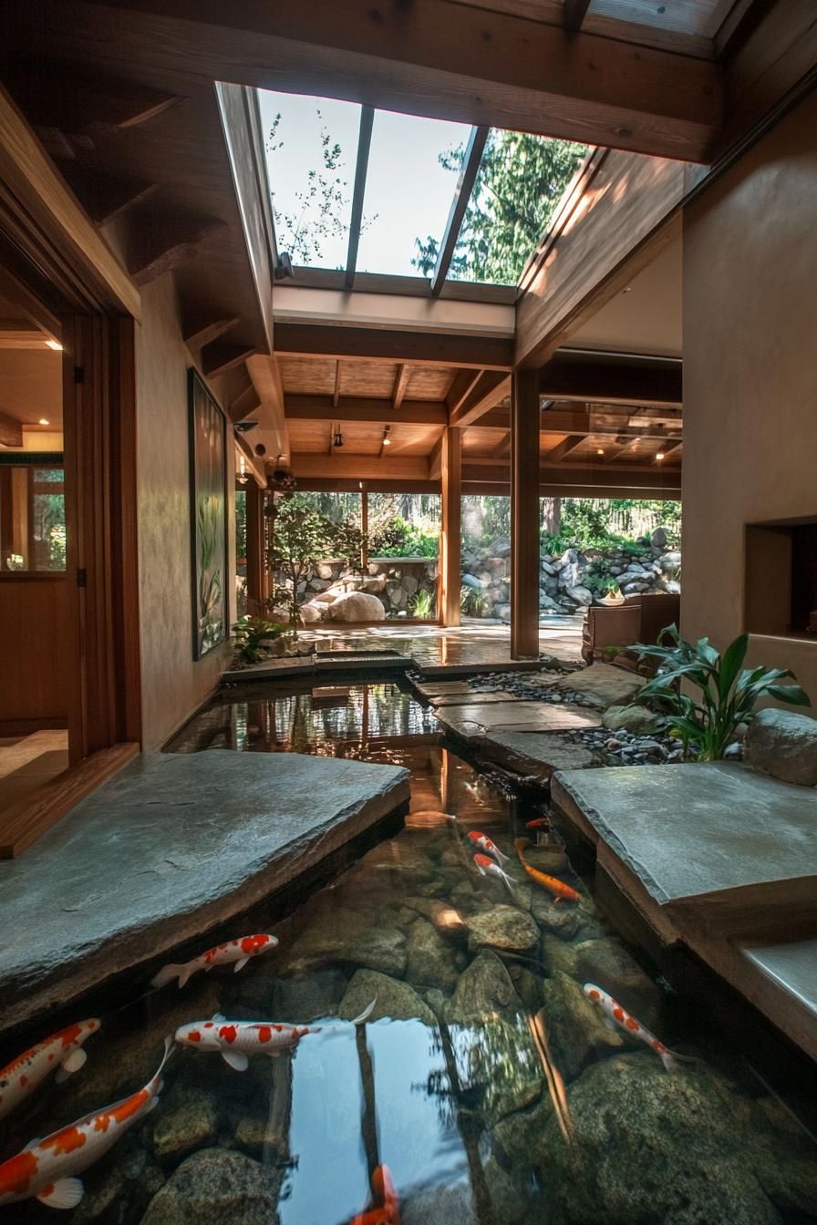 Indoor Koi Pond With a Small Bridge