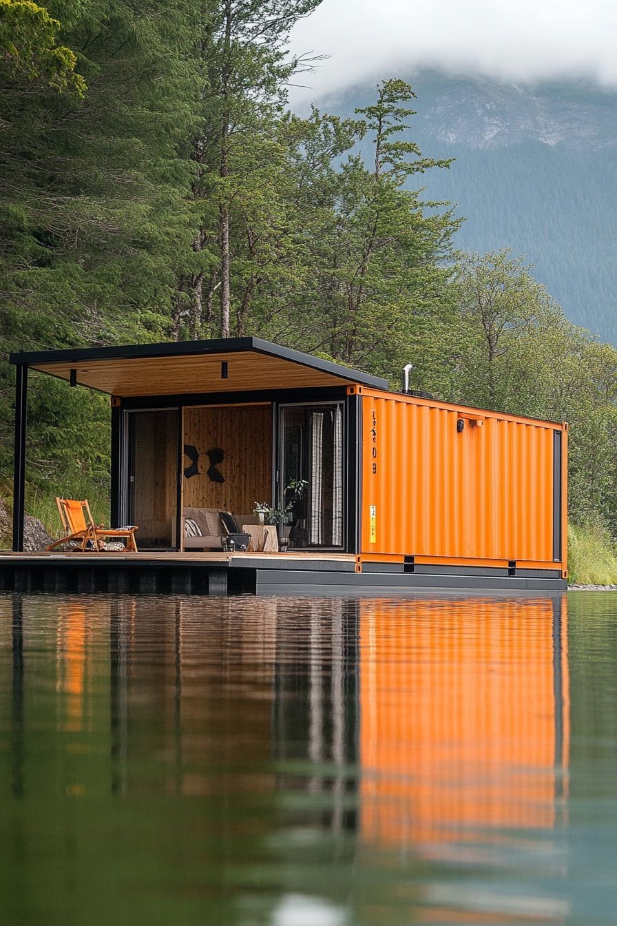 shipping container floating lake cabin 2