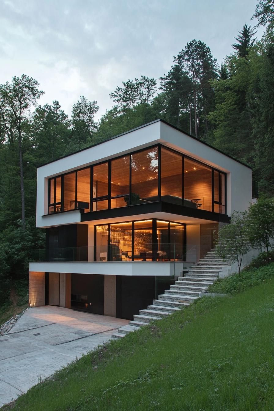 modern house on a slope with minimalist geometric facade and large windows forest views