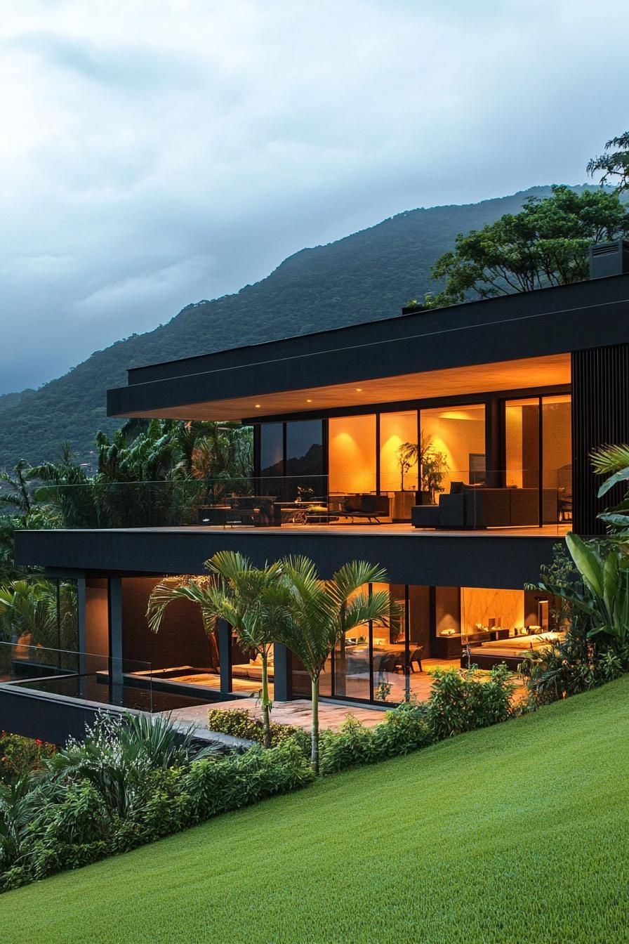 modern house on a slope with split level floors and lush mountain views