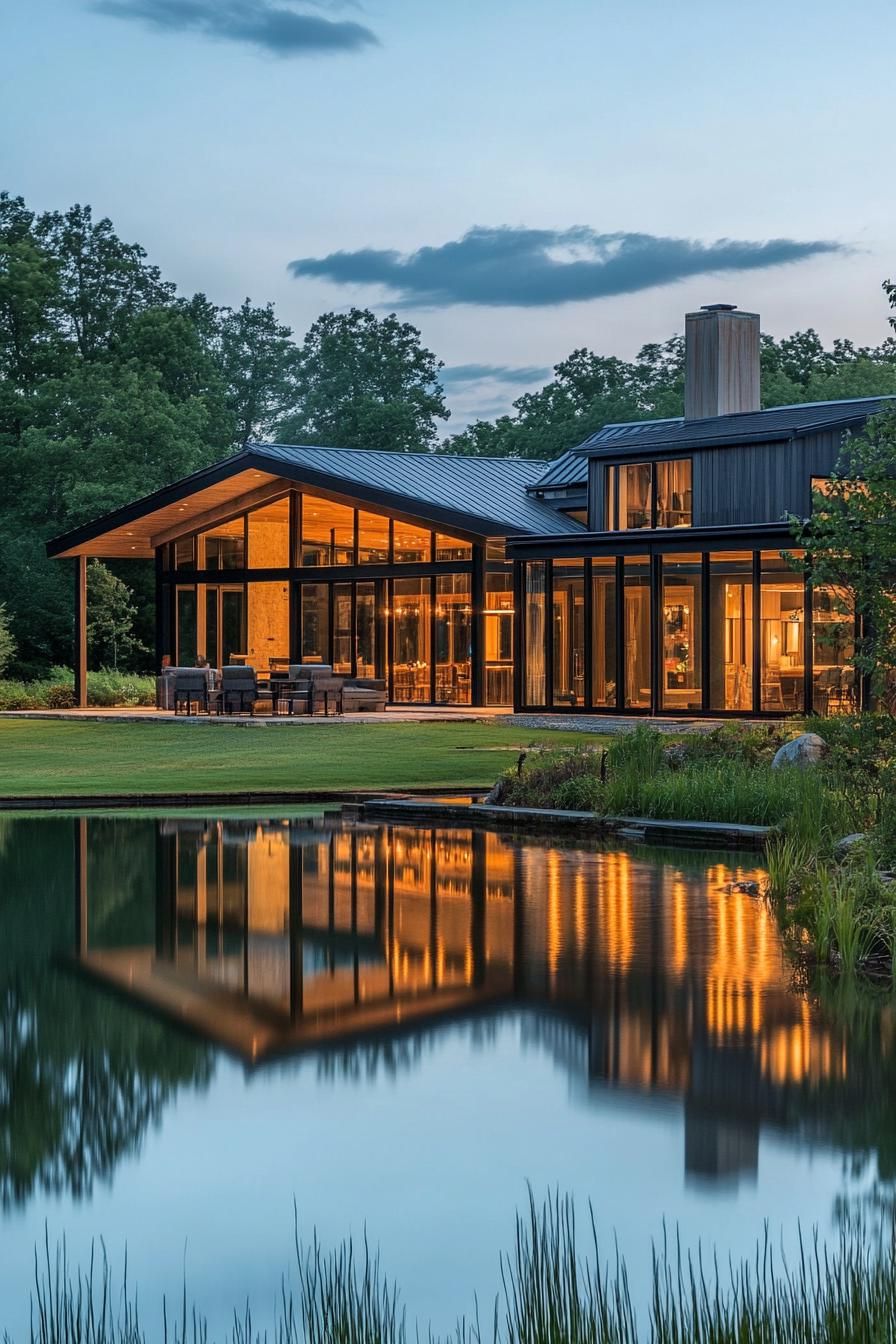 modern L shaped farmhouse with glass walls facing a beautiful large pond in lush fields