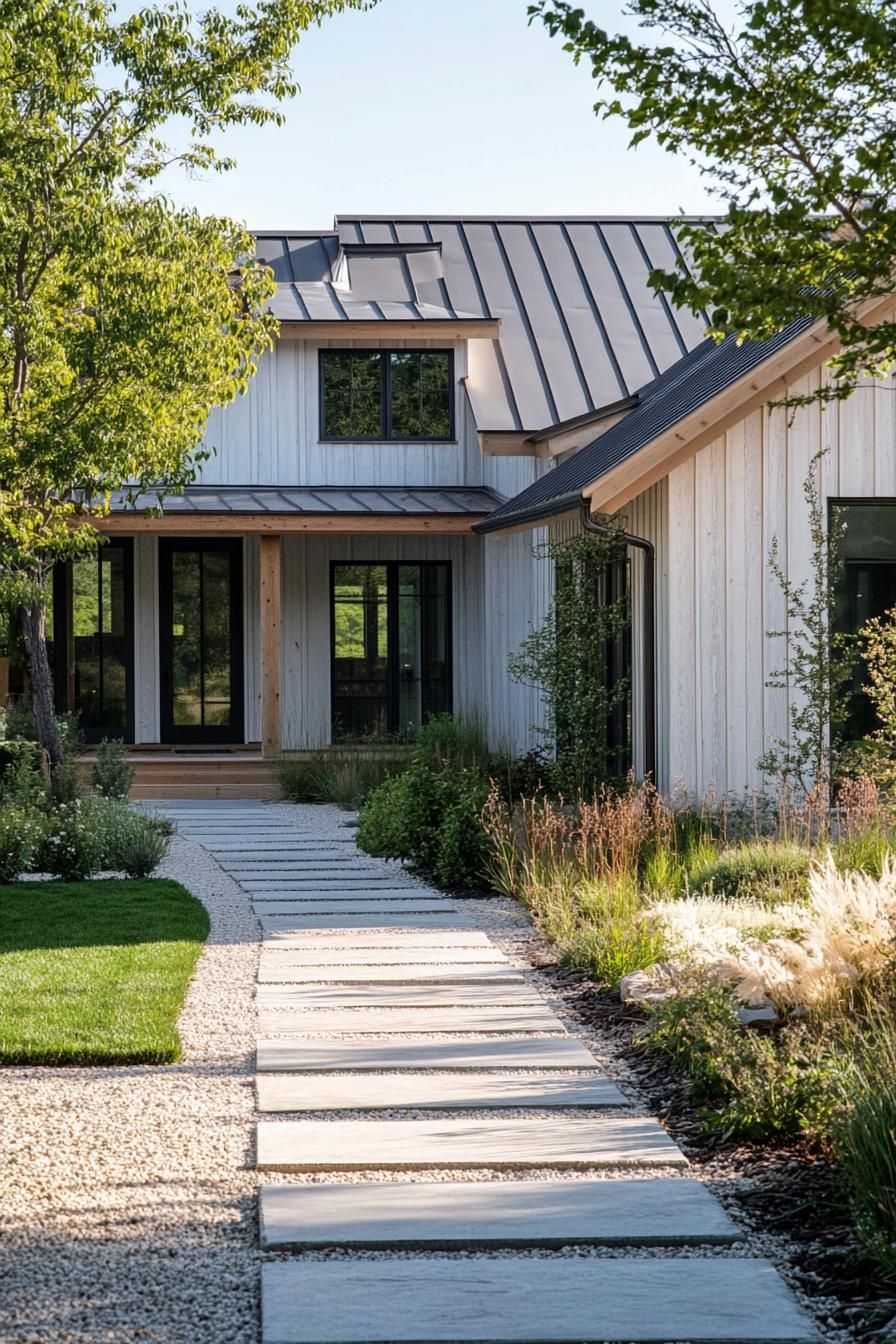 modern house with horizontal cedar shiplap exterior with whitewash traditional front yard