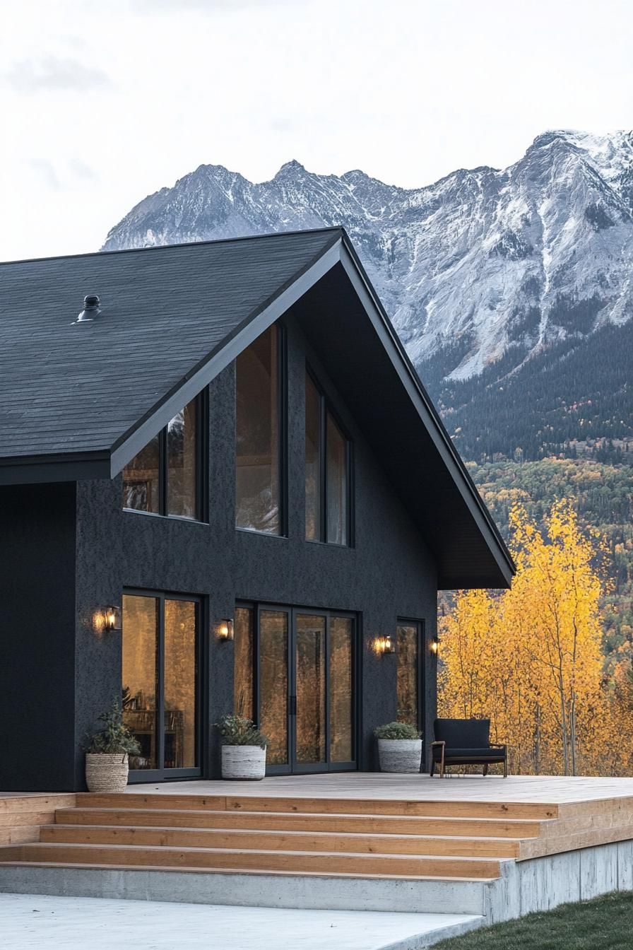 Black Stucco Exterior With Dark Walnut Porch