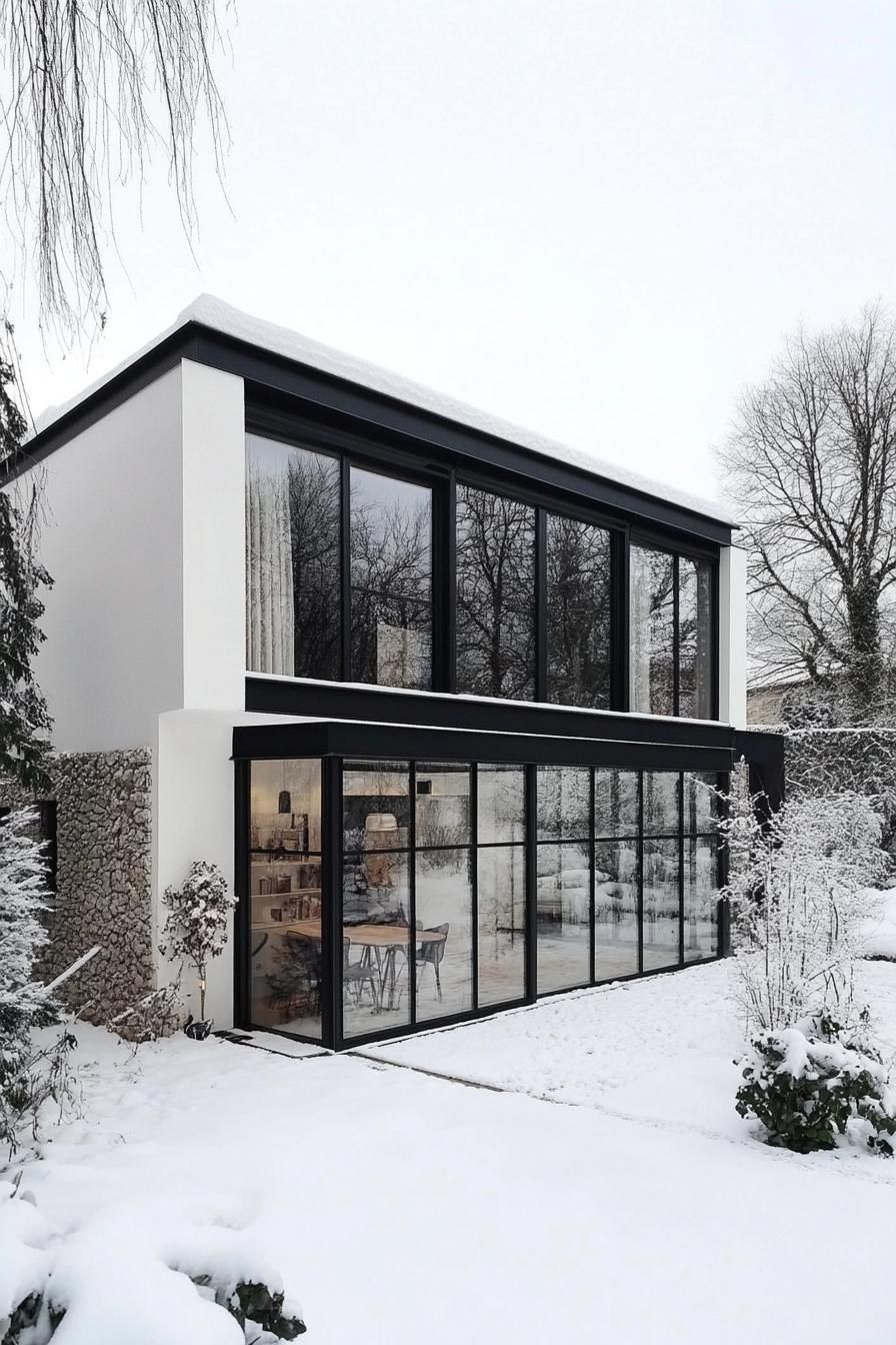 modern French house black steel frame with white plaster in French winter countryside