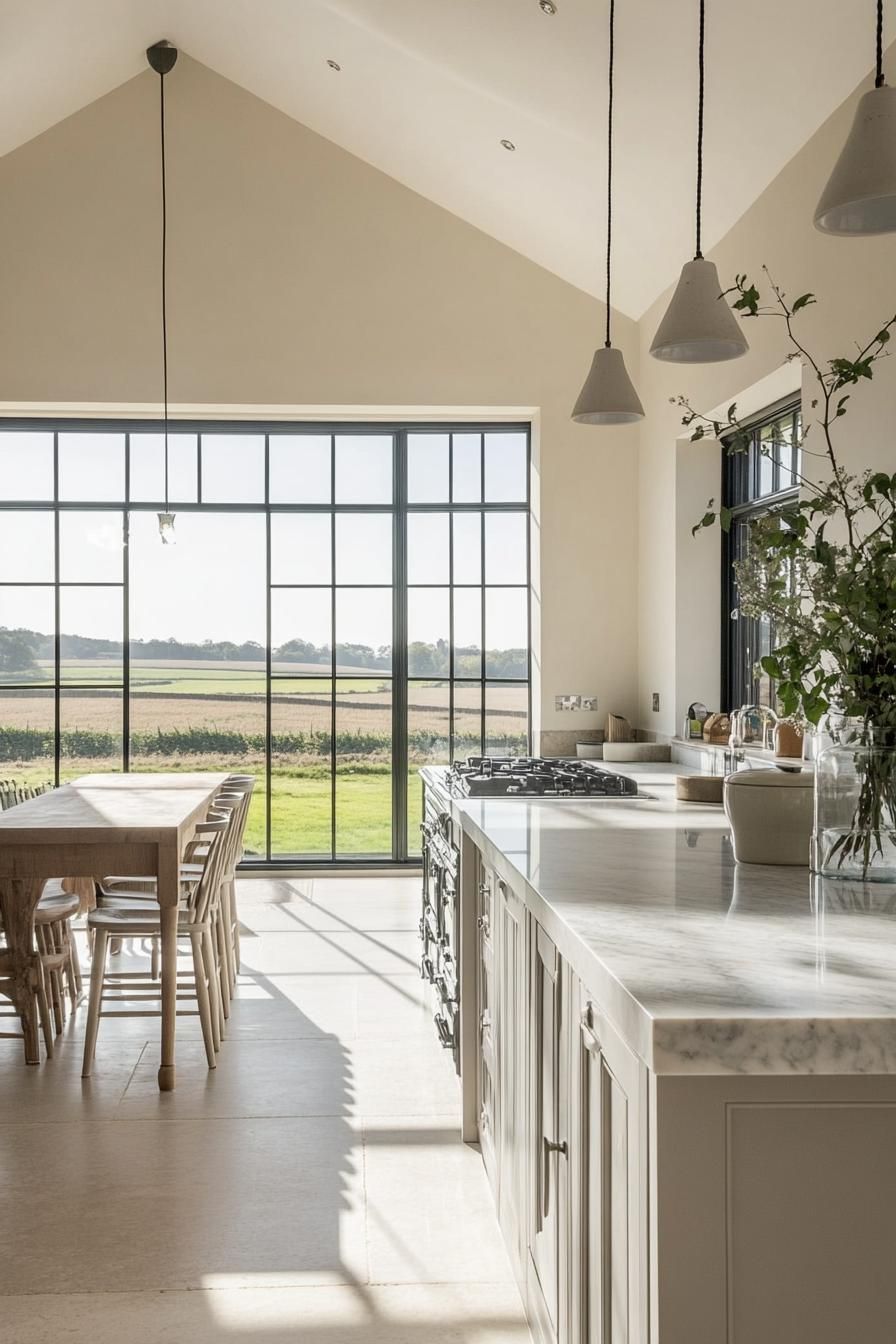 modern English cottage open layout kitchen with large windows overlooking stunning farm fields 3