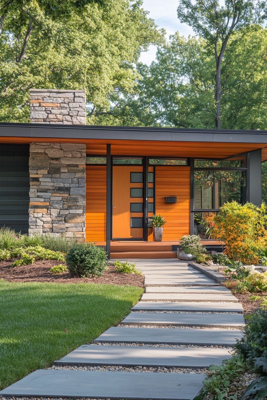 mid century modern house wood and stone siding 3