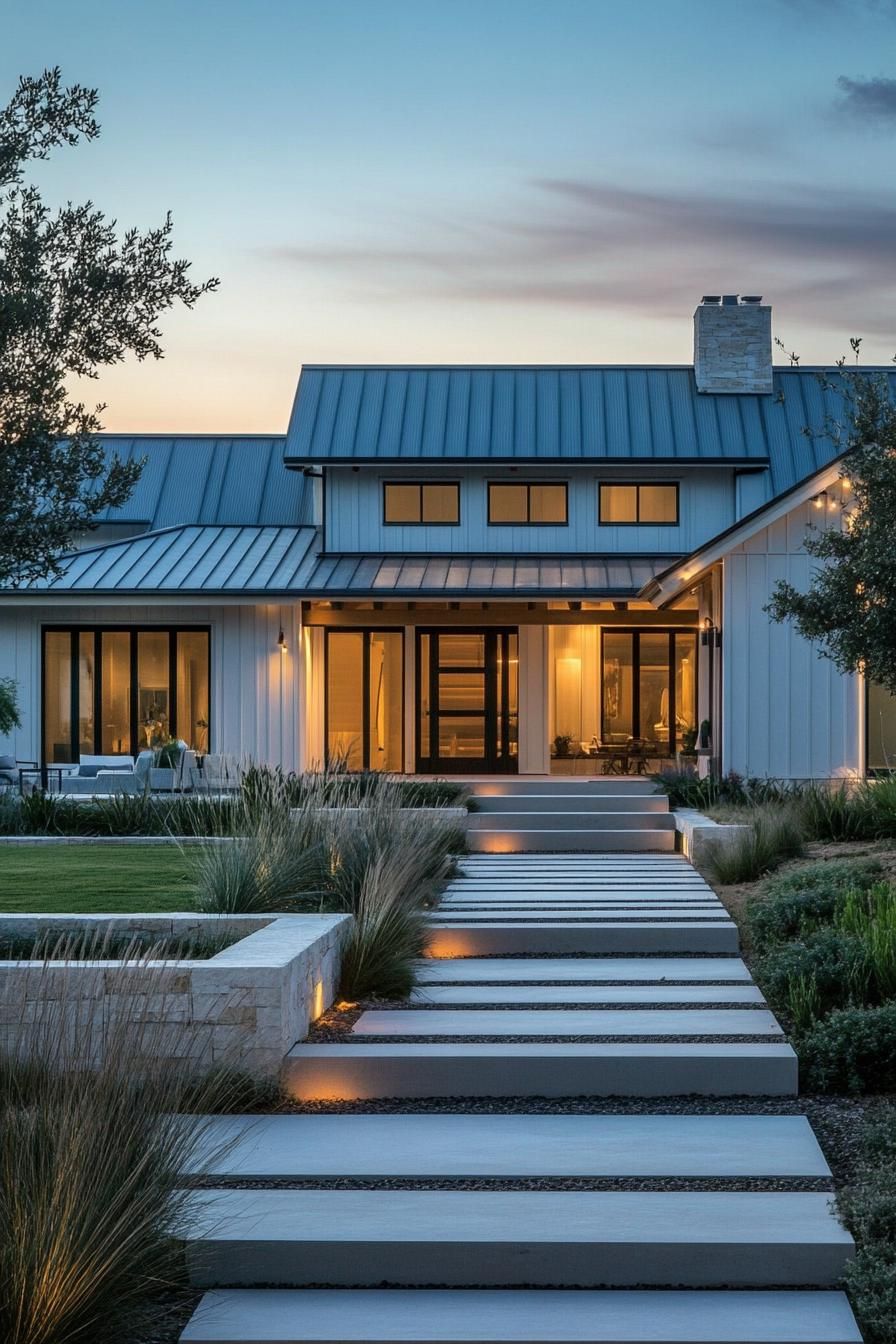 modern ranch house symmetric facade multi pitched roof board and batten siding 2