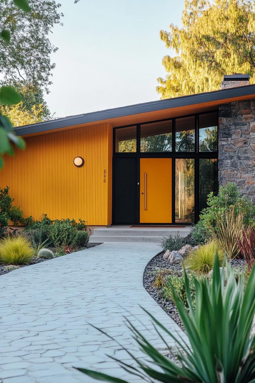 mid century modern house facade in mustard yellow color with charred accents 3