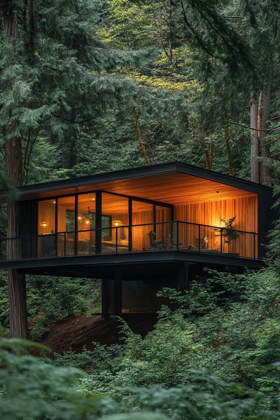 modern mountain forest cabin on stilts overlooking evergreen treetops of lush forest