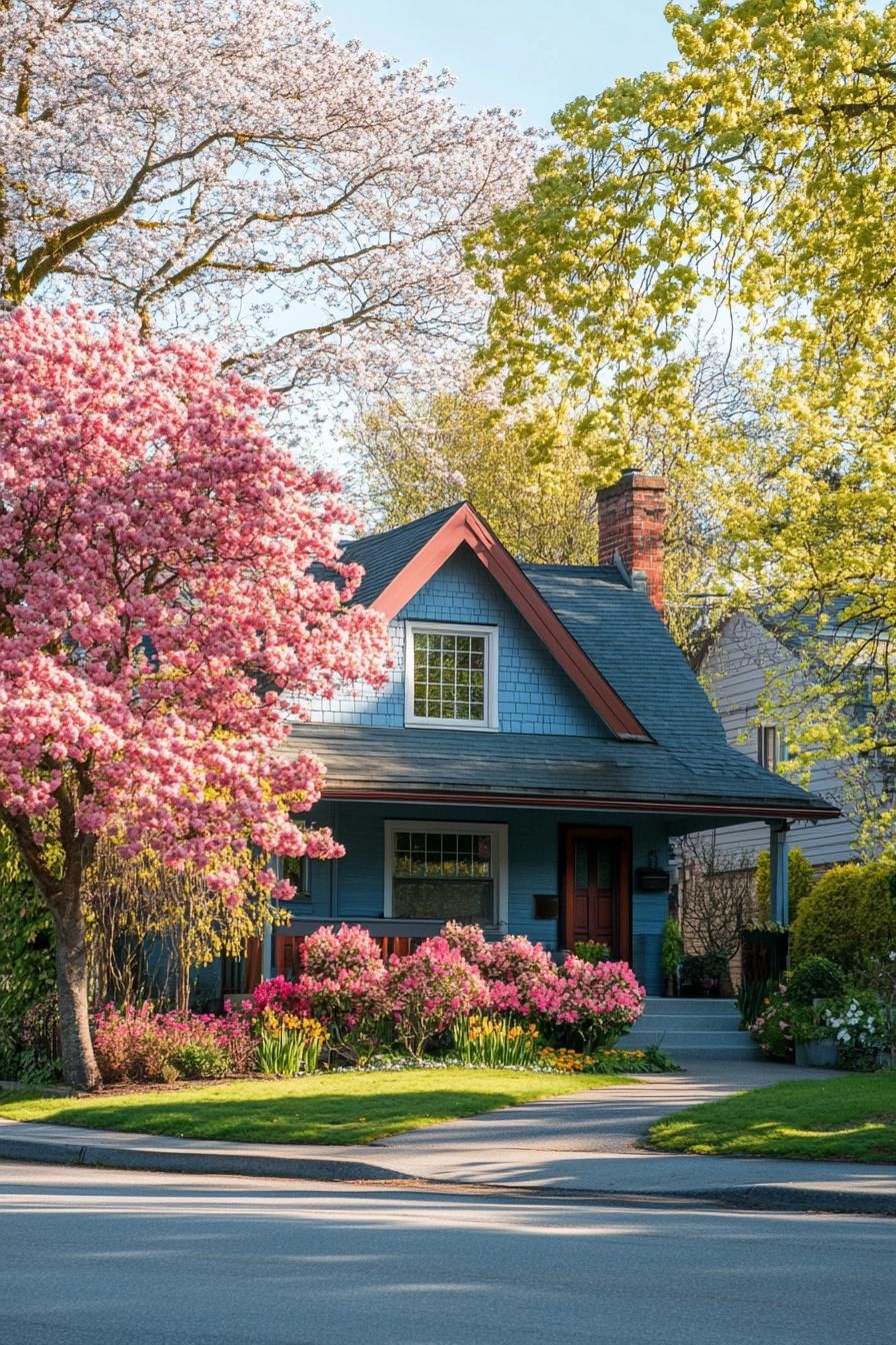 Charming Blue Cottage with Blossoming Trees