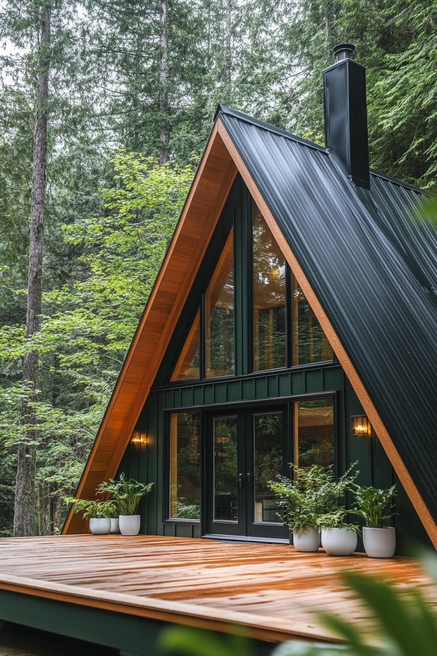 view from the deck of a deep dark green a frame cabin with full glass windows and natural wood door with glass panels chromed chimney on the roof 2
