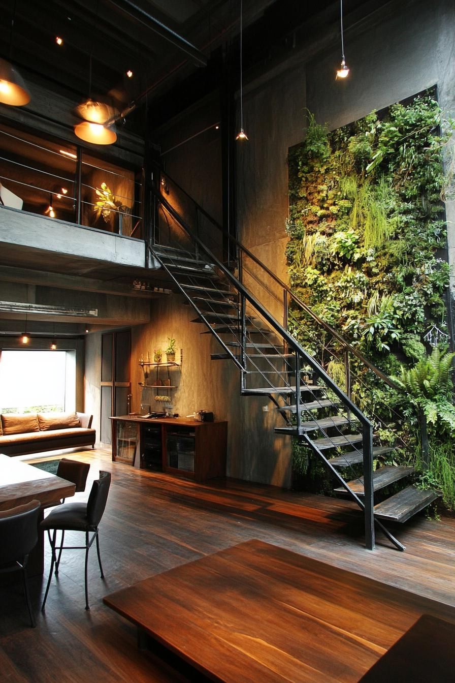modern industrial loft home metal staircase and vertical garden wall