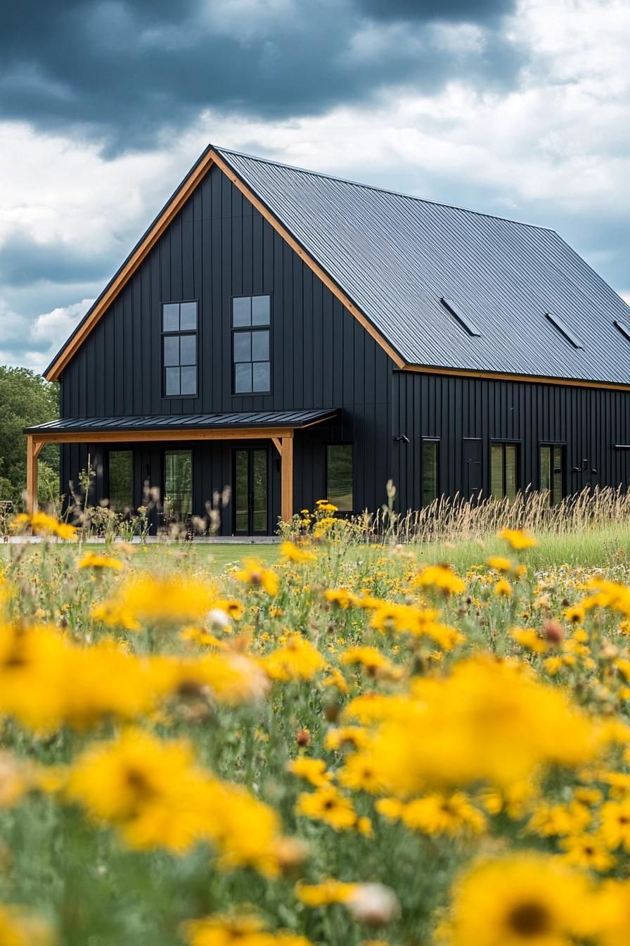 modern barndominium charcoal black facade in stunning farmhouse meadow with yellow flowers 2