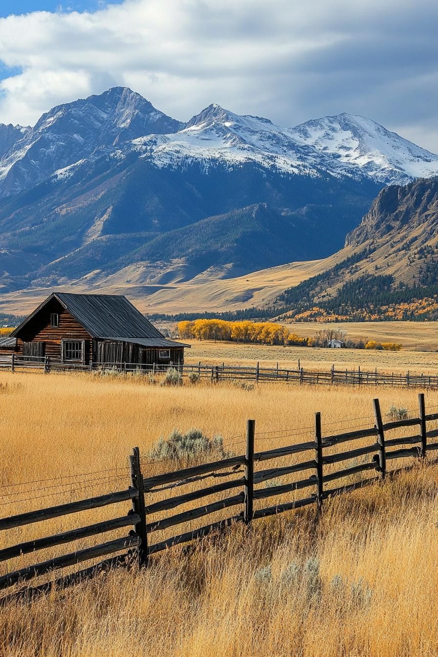 gable roof ranch farm fields horizontal slat ranch fence dramatic mountains in the backdrop 3
