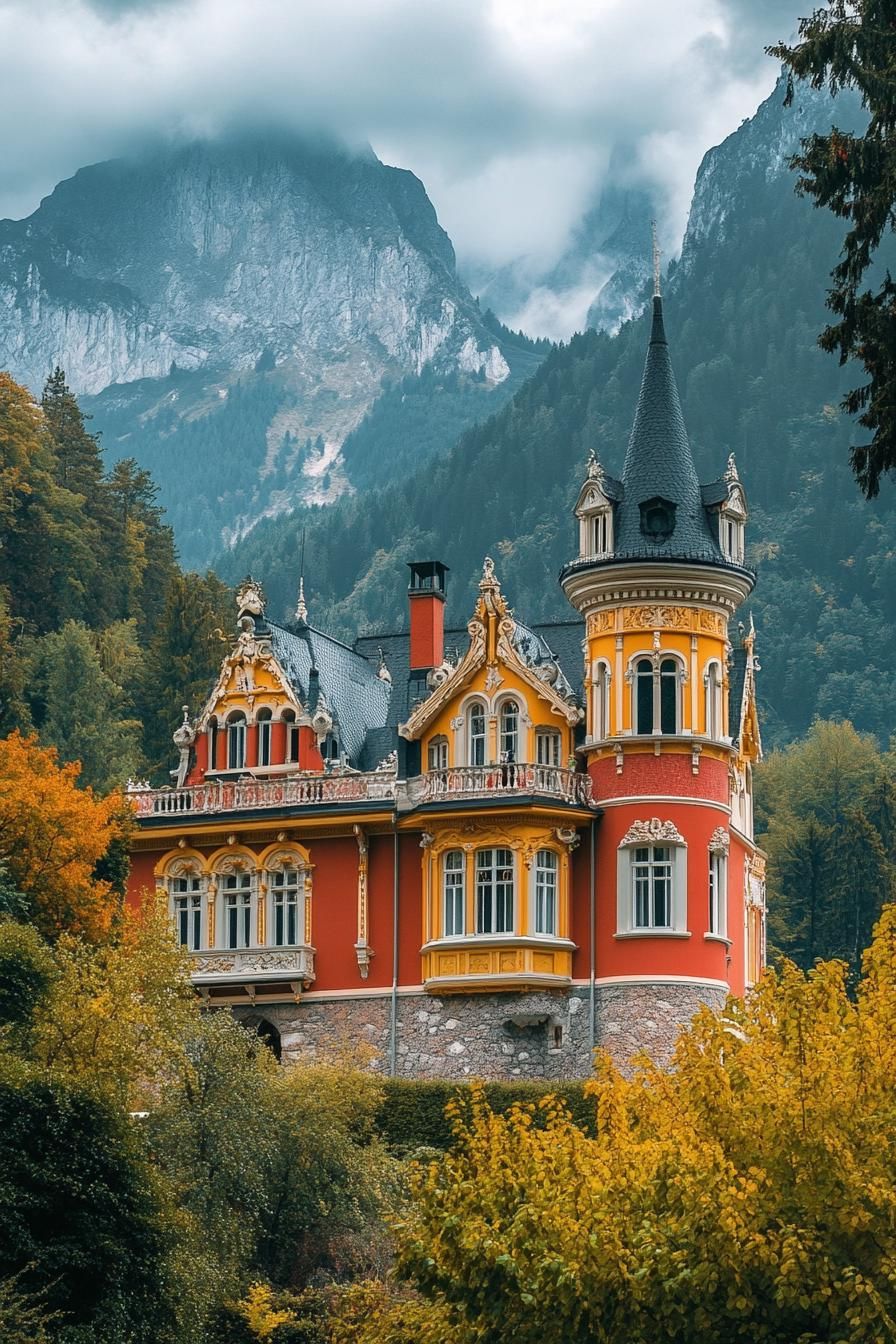 luxury castle villa with bright colored facade imposing high mountain in the background with surrounding green forest