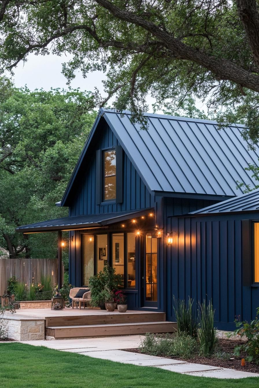Midnight Blue Panels With Black Corrugated Metal Roof