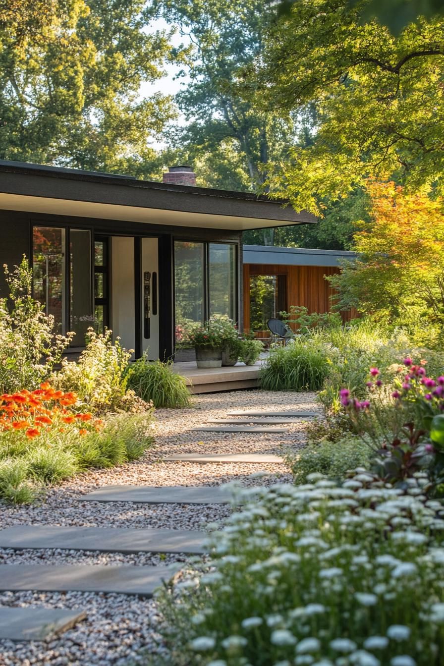 mid century modern 1950s style house farmhouse landscaping with native plants 3