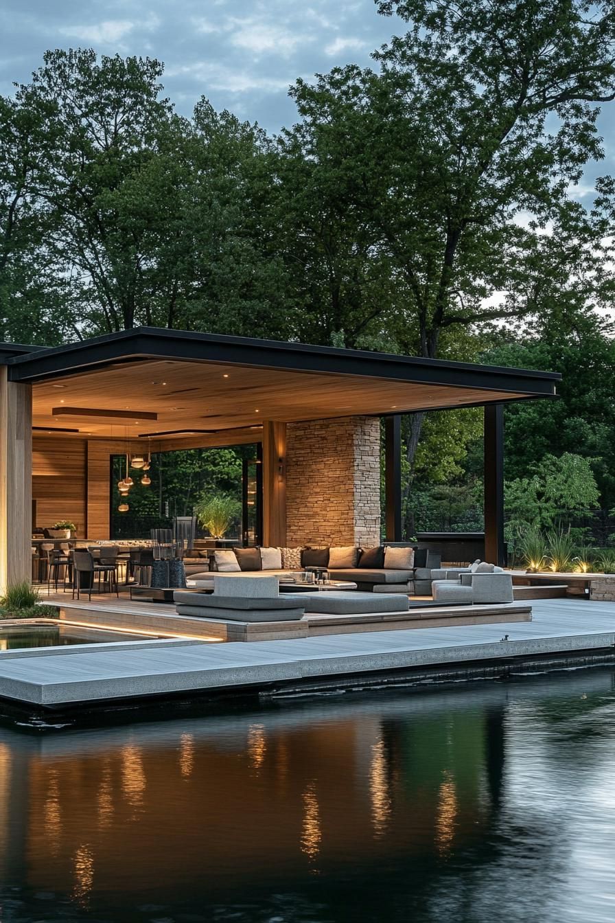 modern lake boathouse with multiple outdoor seating areas