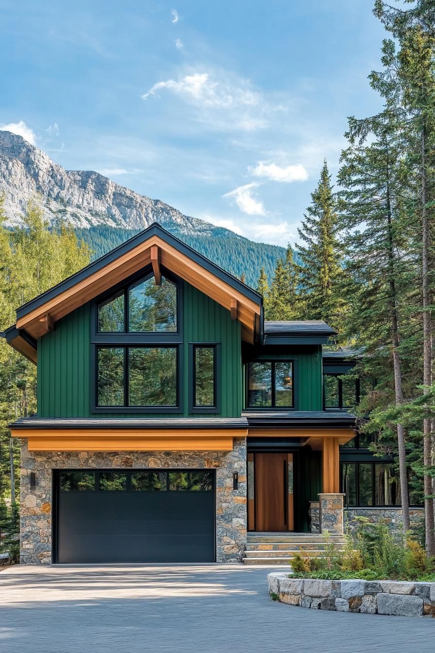 modern mountain bungalow facade hunter green with wooden siding and stone accents imposing mountain in the background
