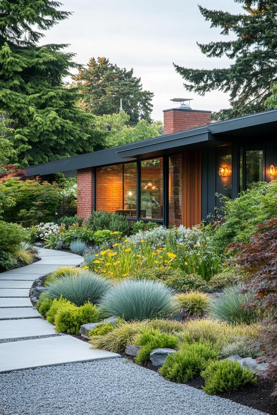 mid century modern 1950s style house farmhouse landscaping with native plants